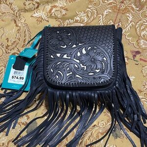 Montana West Black Tooled Floral Fringe Crossbody Bag